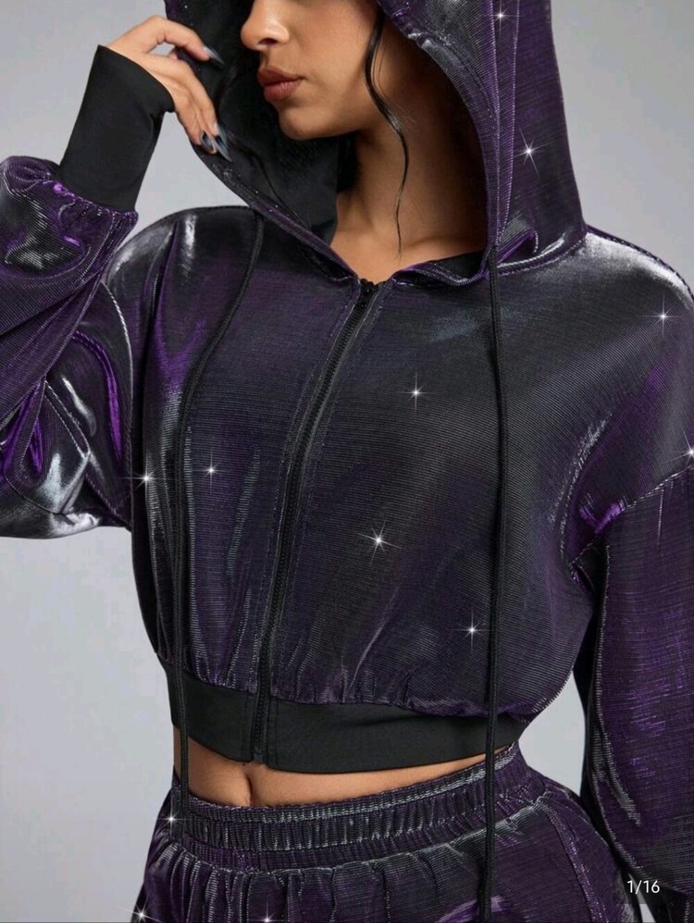 Shein NWOT Metallic Purple Cropped Athletic Zip Hooded Jacket